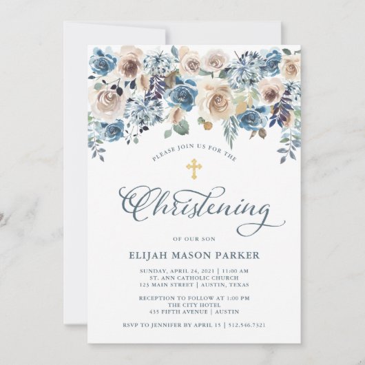 Neutraal en blauw bloemen | Jongen of meisje doop Kaart (Voorkant)