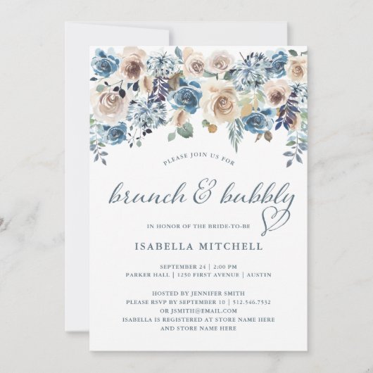 Neutraal en Blauw Floral | Brunch en Bubble Kaart (Voorkant)
