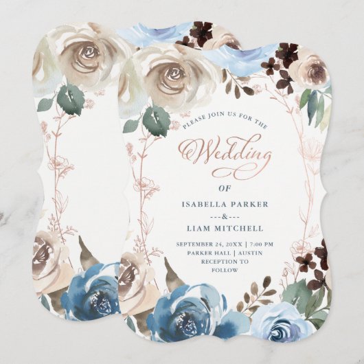 Neutraal en Blauw Floral | Faux Roos Gold Wedding Kaart (Voorkant / Achterkant)
