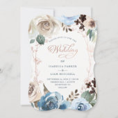 Neutraal en Blauw Floral | Faux Roos Gold Wedding Kaart (Voorkant)