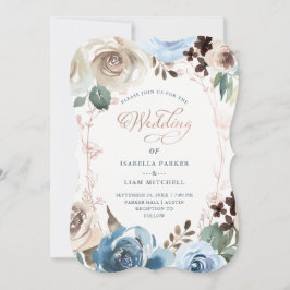 Neutraal en Blauw Floral | Faux Roos Gold Wedding Kaart