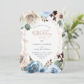 Neutraal en Blauw Floral | Faux Roos Gold Wedding Kaart (Staand voorkant)