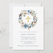 Neutraal en Blauw Floral | Goud kruis Kaart (Voorkant)