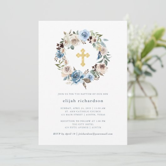 Neutraal en Blauw Floral | Goud kruis Kaart (Staand voorkant)