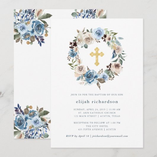 Neutraal en Blauw Floral | Goud kruis Kaart (Voorkant / Achterkant)