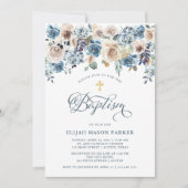 Neutraal en Blauw Floral | Jongen- of meisjesbapti Kaart (Voorkant)