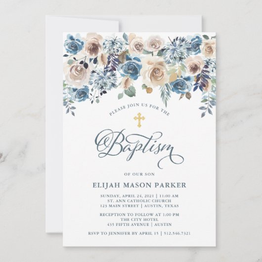 Neutraal en Blauw Floral | Jongen- of meisjesbapti Kaart (Voorkant)