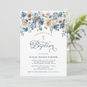 Neutraal en Blauw Floral | Jongen- of meisjesbapti Kaart (Staand voorkant)