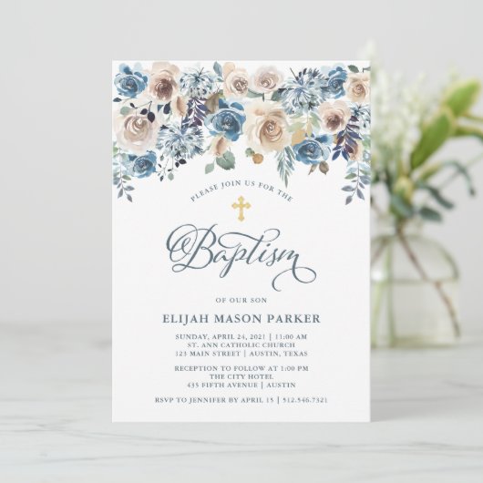 Neutraal en Blauw Floral | Jongen- of meisjesbapti Kaart (Staand voorkant)