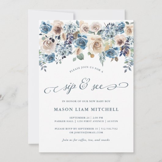 Neutraal en Blauw Floral | Sip en Zie Kaart (Voorkant)