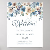 Neutraal en Blauw Floral | Welkom bruiloft Poster (Voorkant)