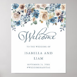 Neutraal en Blauw Floral | Welkom bruiloft Poster