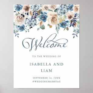 Neutraal en Blauw Floral   Welkom bruiloft Poster