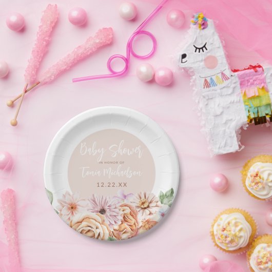 Neutraal Floral Baby shower Papieren Bordje (Feest)