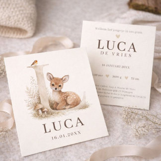 Neutraal geboortekaartje hertje monogram L Kaart