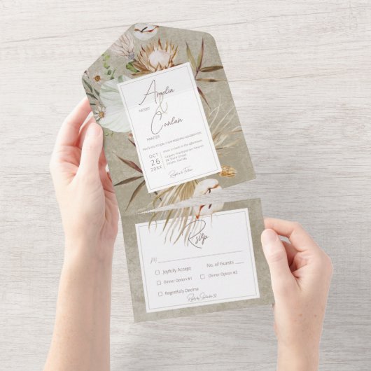 Neutraal Gedroogd Boho Bloemen Lijst Salie Diner All In One Uitnodiging (Afscheurbaar)