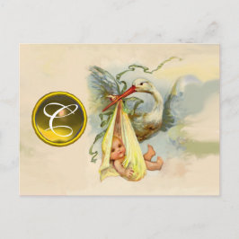 NEUTRAAL GEEL OOIEVAAR BABY SHOWER EDELSTEEN MONOG UITNODIGING BRIEFKAART