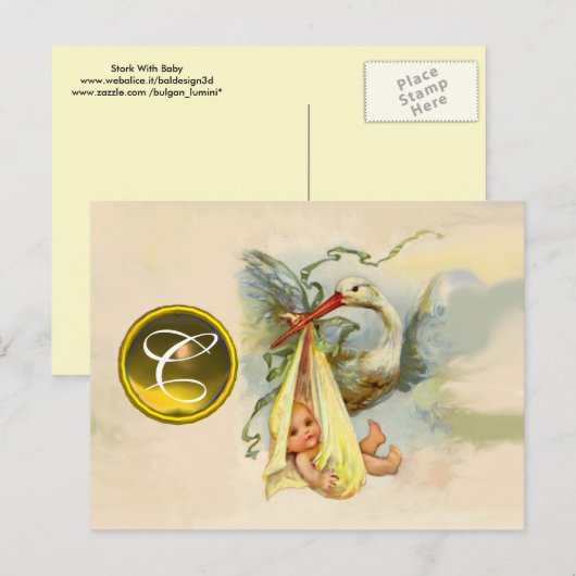 NEUTRAAL GEEL OOIEVAAR BABY SHOWER EDELSTEEN MONOG UITNODIGING BRIEFKAART (Voorkant / Achterkant)