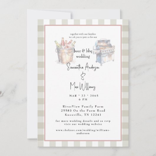 Neutraal geruit bier & BBQ bruiloft uitnodiging (Voorkant)