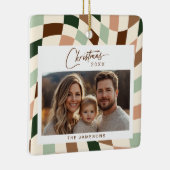 Neutraal geruite kerstfoto keramisch ornament (Rechts)