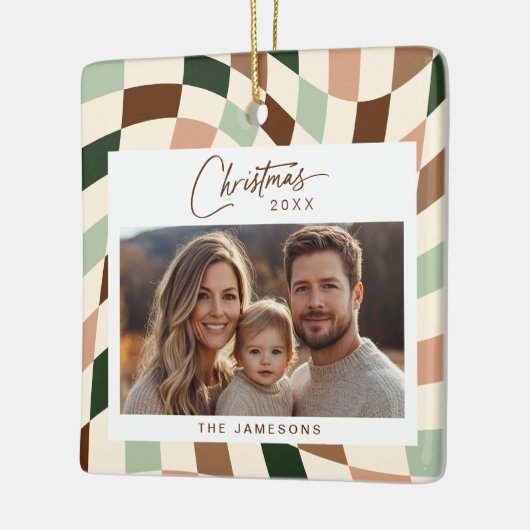 Neutraal geruite kerstfoto keramisch ornament (Links)