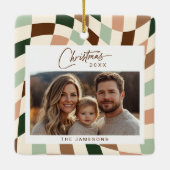 Neutraal geruite kerstfoto keramisch ornament (Achterkant)