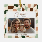 Neutraal geruite kerstfoto keramisch ornament (Voorkant)