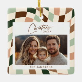 Neutraal geruite kerstfoto keramisch ornament