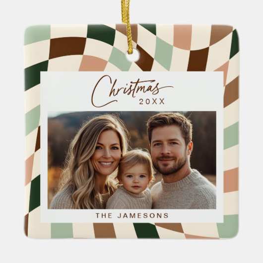 Neutraal geruite kerstfoto keramisch ornament (Voorkant)