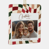 Neutraal geruite kerstfoto keramisch ornament (Rechts)