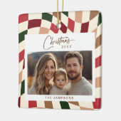 Neutraal geruite kerstfoto keramisch ornament (Links)