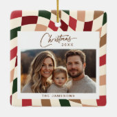 Neutraal geruite kerstfoto keramisch ornament (Achterkant)