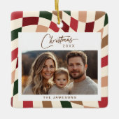 Neutraal geruite kerstfoto keramisch ornament (Voorkant)