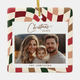 Neutraal geruite kerstfoto keramisch ornament