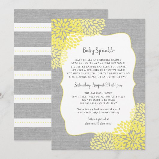 Neutraal Geslacht Baby Sprinkle invite, geel grijs Kaart (Voorkant / Achterkant)