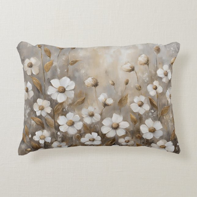 Neutraal Grijs Goud Taupe Bloemen Accent Kussen (Voorkant)