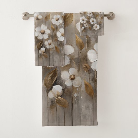 Neutraal Grijs Goud Taupe Bloemen Bad Handdoek (Insitu)