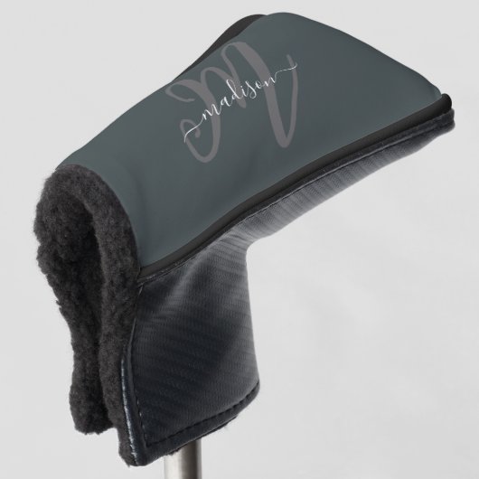 Neutraal Grijs Vet Script Monogram en Naam Golfheadcover (3/4 voorkant)