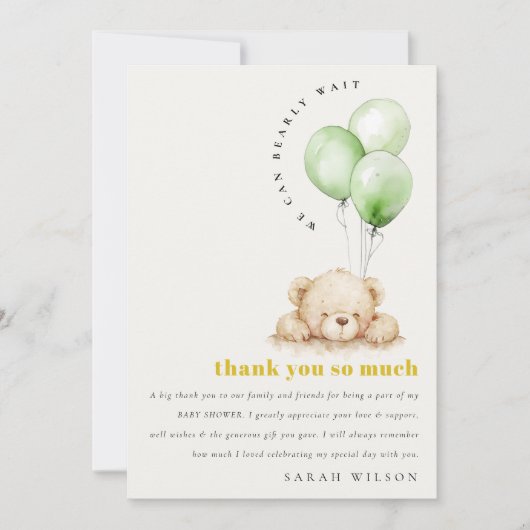 Neutraal Groen Bearly Wachtballon Baby shower Bedankkaart (Voorkant)