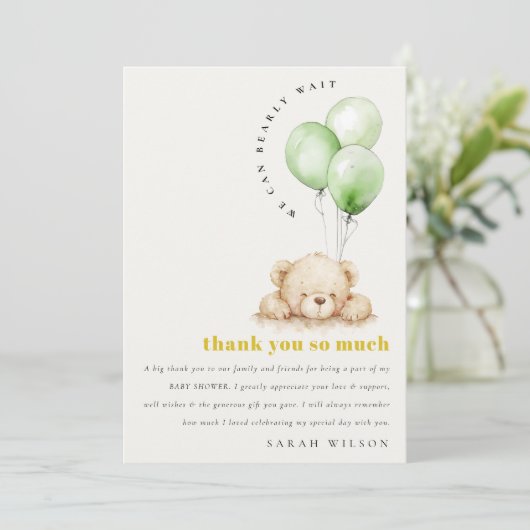 Neutraal Groen Bearly Wachtballon Baby shower Bedankkaart (Staand voorkant)