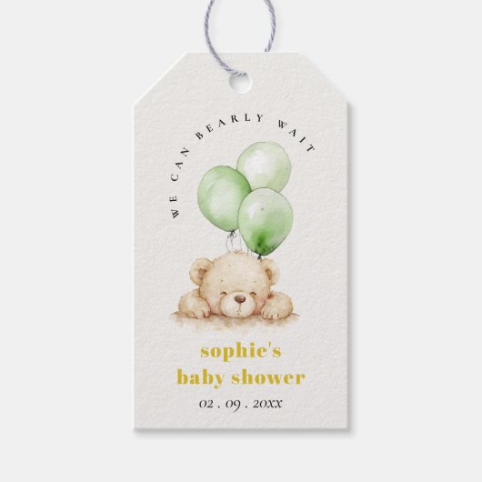 Neutraal Groen Bearly Wachtballon Baby shower Cadeaulabel (Voorkant)