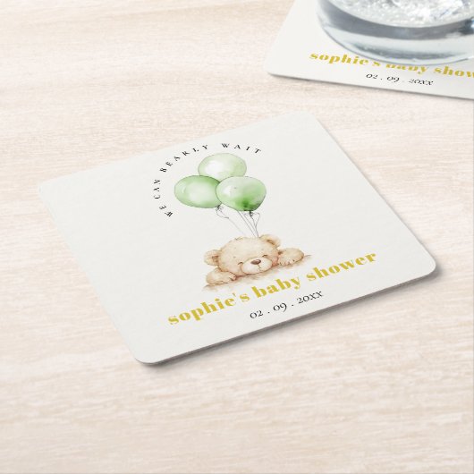 Neutraal Groen Bearly Wachtballon Baby shower Kartonnen Onderzetters (Schuin)