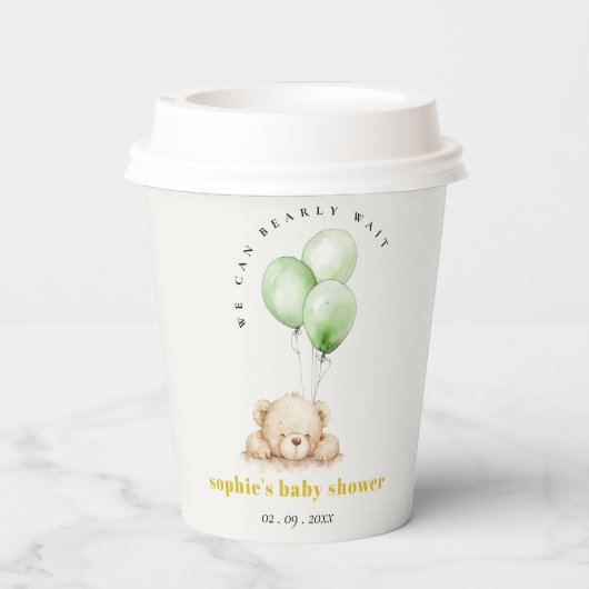 Neutraal Groen Bearly Wachtballon Baby shower Papieren Bekers (Achterkant)