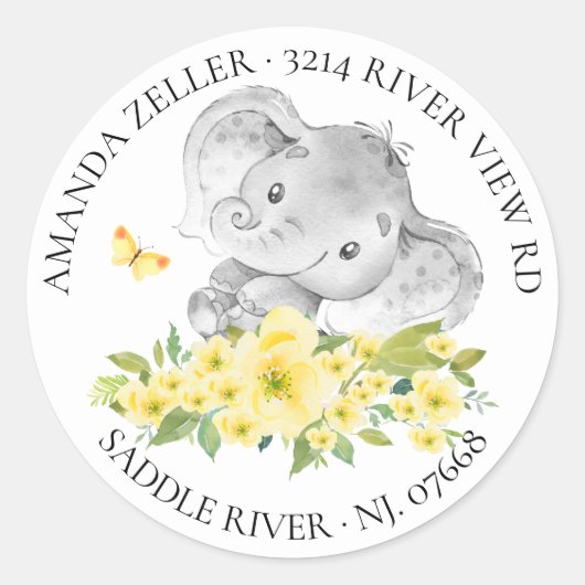 Neutraal Happy Elephant Baby shower retouradres Ronde Sticker (Voorkant)