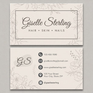 Neutraal Ivoor Bloemen Line Art Elegant Script Visitekaartje