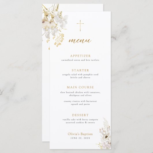 Neutraal Ivoor Goud Wildflower doopmenu Menu (Voorkant / Achterkant)