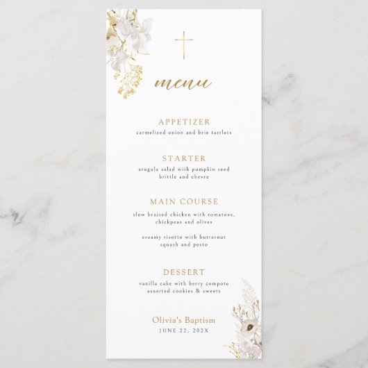 Neutraal Ivoor Goud Wildflower doopmenu Menu (Voorkant)