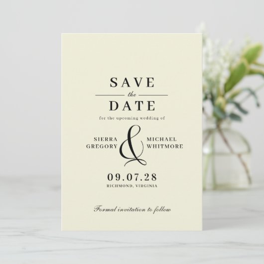 Neutraal ivoor + zwart | Classic Modern Save The Date (Staand voorkant)