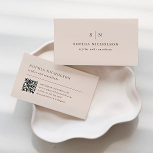 Neutraal lichtroze en bruin   Monogram en QR-code Visitekaartje