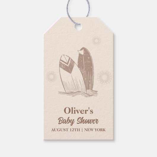 Neutraal minimalistisch Boho Surfboard Baby shower Cadeaulabel (Voorkant)